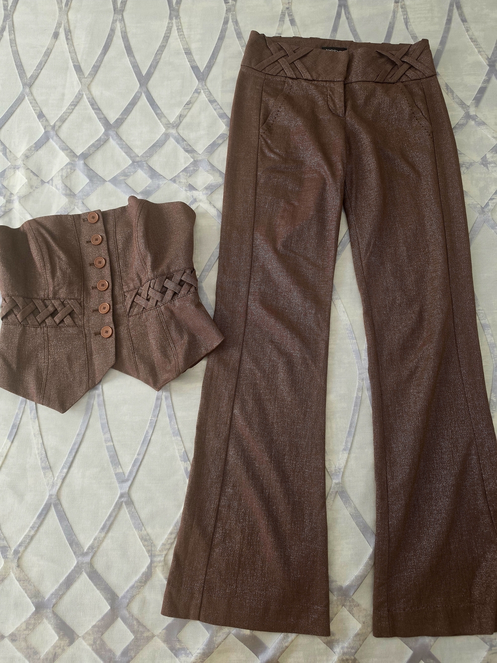 Vintage Y2K Bebe Bronze Metallic 2-Piece Set - Corset Top & Low Rise Pants, Sz 2